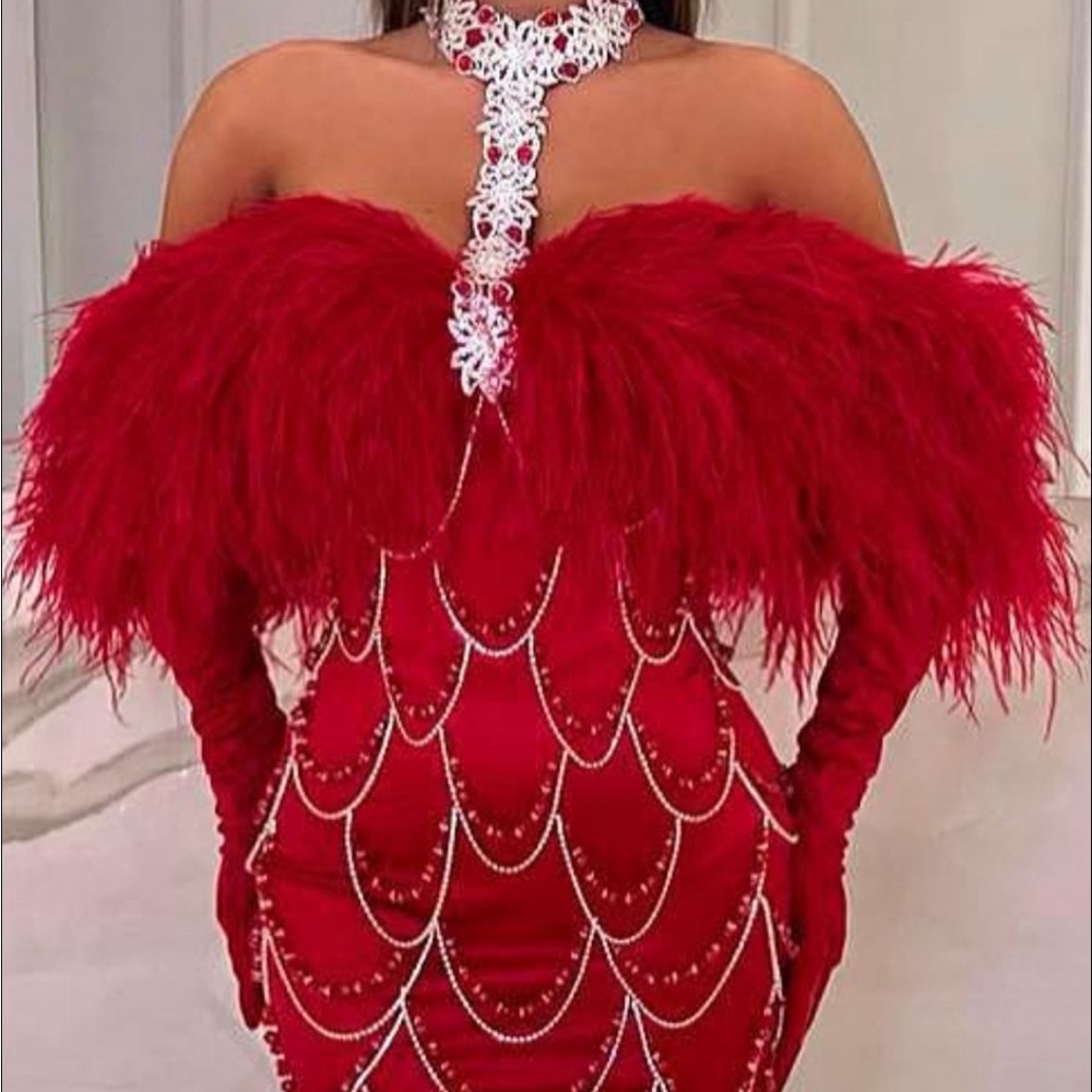 Glamorous Scarlet Feathered Prom Dress
